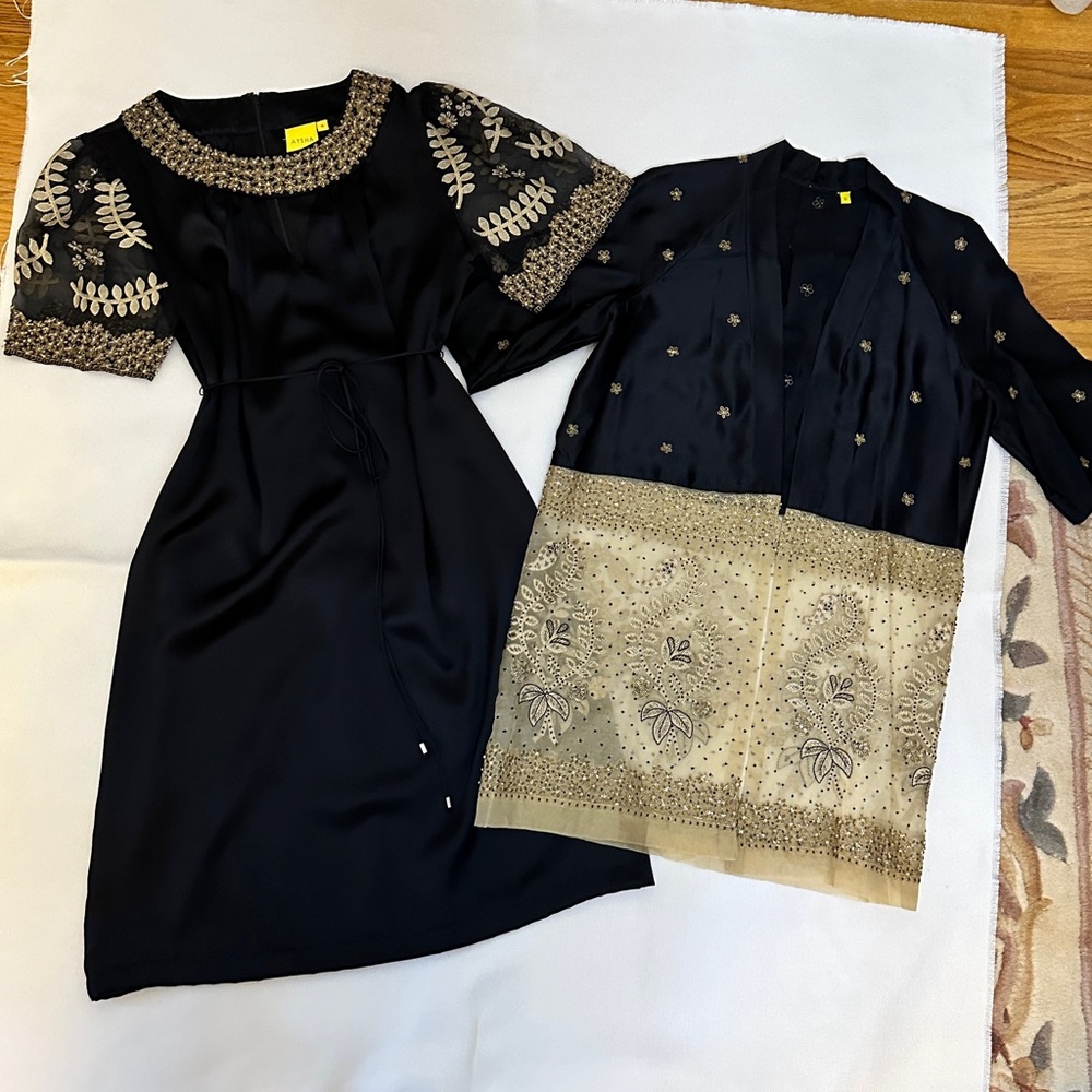 Ayesha Saeed Black Satin Midi Dress with 3/4 Jacket, Dress Size 4, Jacket S